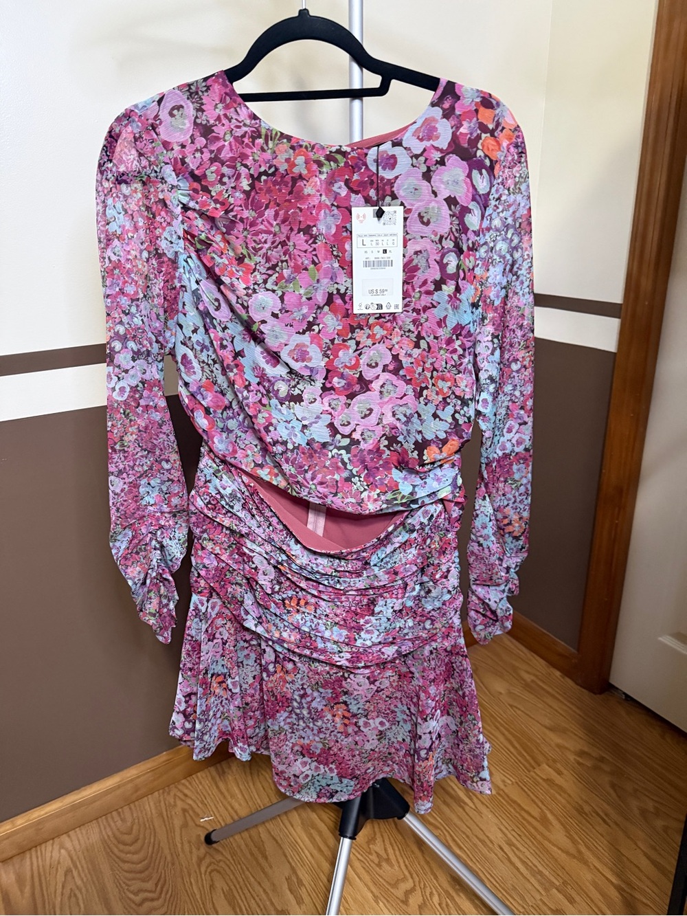 Zara Pink Floral Long-Sleeve Mini Dress NWT